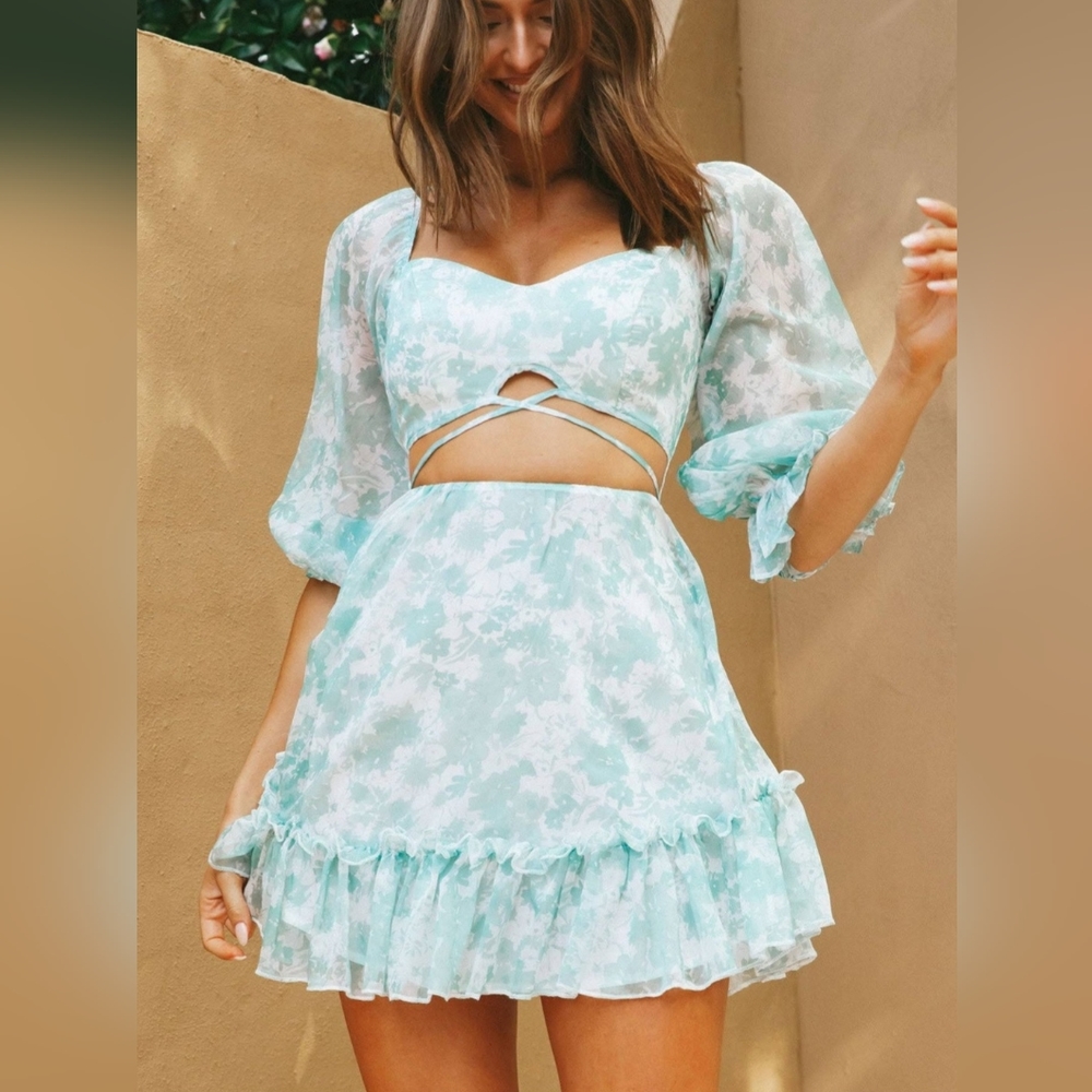 Selfie Leslie ALETHEA PUFF SLEEVE CUT-OUT WAIST DRESS FLORAL PRINT MINT